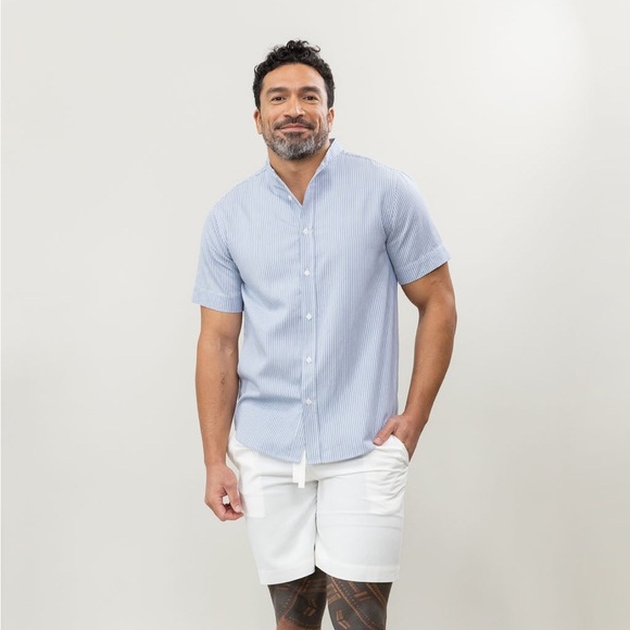 Cozy Earth Coastal Comfort Mock Neck Short Sleeve Button Down in Ocean Stripe - Picture 2 of 8